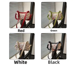 Detailed grid view of four cherry print crossbody bags with cute side bow accents