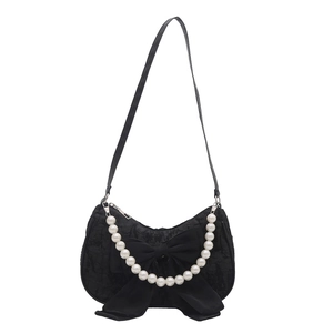 Elegant black bow shoulder bag with pearl chain and jacquard texture for women