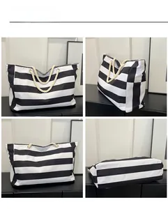 Detailed four-way split view showing front, side, back and bottom of striped canvas tote