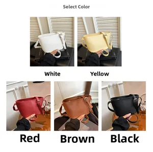 Detailed views of leather bucket bags in white, yellow, red, brown, and black options