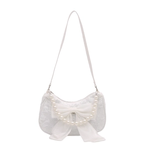 Elegant white lace half-moon shoulder bag with satin bow and pearl strap handle