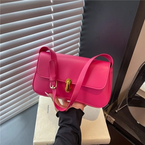 Chic bright pink rectangular underarm bag with a stylish gold oval twist lock for women
