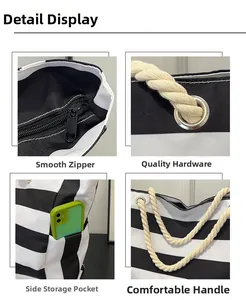 Detail view of striped tote bag featuring rope handles and secure zipper closure