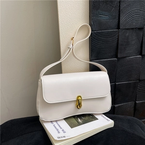 Women Korean Style PU Leather Underarm Bag Minimalist Solid Color Shoulder Bag With Metal Lock Summer Fashion Baguette Bag