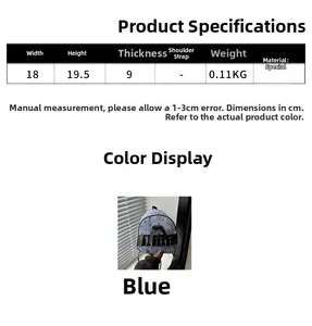 Blue polka dot backpack dimensions diagram showing width 18cm, height 19.5cm and weight 0.11kg