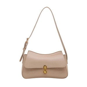 Minimalist beige patent leather underarm bag with elegant wavy design and gold buckle