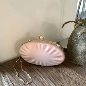 Pink satin pleated shell evening clutch with pearl crystal clasp and chain strap