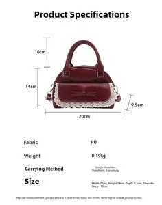 Detailed dimensions of the burgundy bow purse with white lace trim and PU leather finish