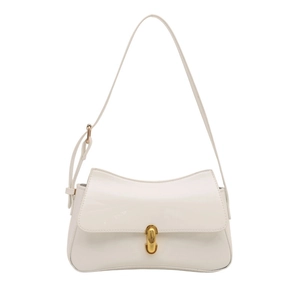 Glossy white patent leather shoulder bag with gold metal clasp and adjustable strap