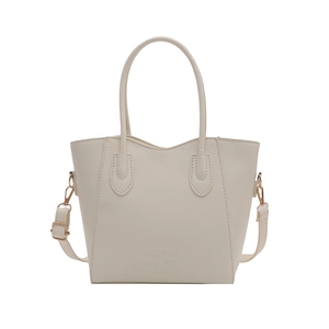 Minimalist beige crossbody bucket bag for women with dual handles and fashion logo