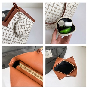 Detail view of large capacity vintage tote bag interior storage and round coin purse pouch