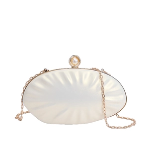 Elegant champagne satin shell-shaped evening clutch bag with pearl and rhinestone closure