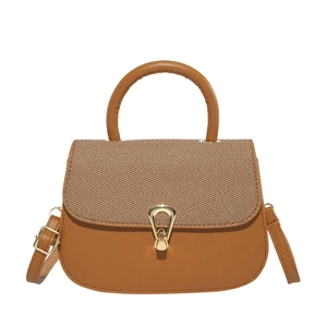 Caramel brown large capacity tote with fabric texture flap and gold teardrop lock