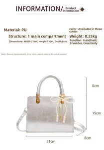Detailed size specifications of the silver PU crossbody bag with pearl bow charm