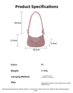 Detailed size specifications of pink textured PU baguette bag with heart chain and charms