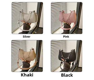 Detail shot of shimmering chain bags in silver, pink, khaki, and black with pearls