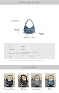 Detailed size chart and multi-color view of small denim handbag with metal butterfly