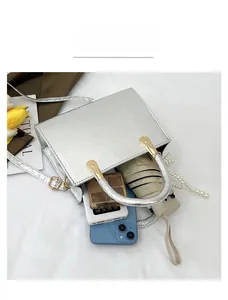 Silver square crossbody bag with large capacity for phone, power bank and daily essentials