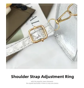 Detail of silver metallic shoulder strap with golden adjustable buckle on a fashion bag