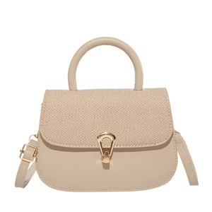 Minimalist beige leather saddle bag with woven texture lid and shell metal buckle
