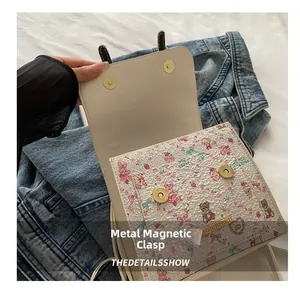 Detail show of the magnetic snap closure on a cute cartoon pattern square backpack