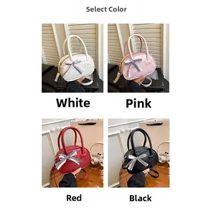 Collage of mini handbags in white, pink, red, and black with decorative bows