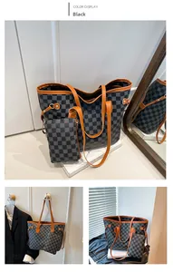 Detailed views of a black checkerboard tote bag with floral patterns and leather straps