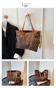Detail of coffee brown checkered tote bag set with detachable pouch and side drawstrings