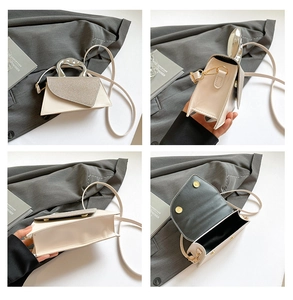 Detailed four-angle shots of off-white crossbody bag with silver metallic handle