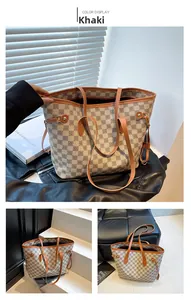 Macro detail of khaki tote bag featuring classic monogram print and side drawstring