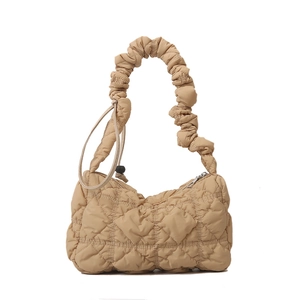 Chic quilted khaki shoulder bag with ruched handle and puffer cloud texture