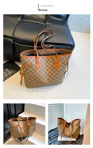 Detailed views of a brown checkered tote bag with vintage logos and side drawstring accents