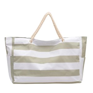 Large striped canvas beach bag with thick rope handles and spacious side pockets