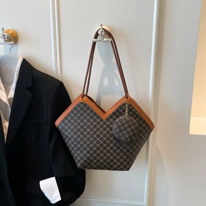 Brown monogram tote bag with deep V-shape opening and matching small round pouch