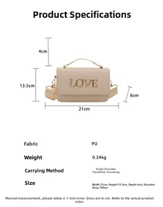 Detailed cream quilted bag size specs: 21x13.5x6cm with gold LOVE lettering
