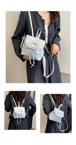 Detailed multi-angle view of a mini blue lace backpack with bow and cross pendant detail