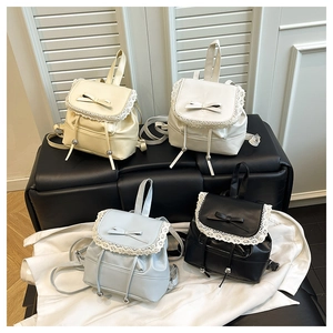 Lace-trimmed PU leather backpacks for women shown in beige, white, blue, and black
