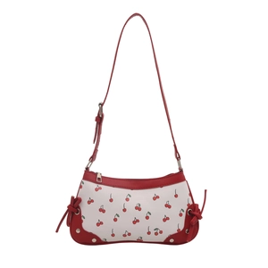 Cute cherry print shoulder bag in cream white with red leather trim and knot detail