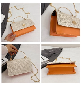 Dettagli in quattro angolazioni di borsa intrecciata arancione e beige con manico