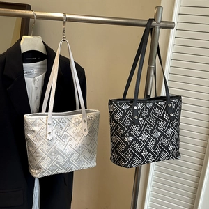 Retro Chinese Style Tote Bag Women Polyester Fabric Floral Geometric Embroidery Large Capacity Casual Shoulder Handbag