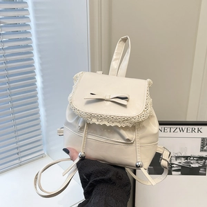Chic cream mini PU leather backpack featuring lace trim and sweet ribbon decorative bows