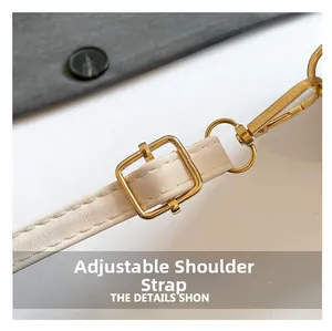 Detailed close-up of adjustable white leather strap with gold buckle and stitching
