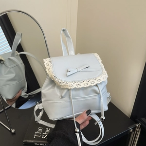 Mini light blue PU leather backpack with lace trim and bow knot detail for women