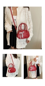 Red mini crossbody bowling bag with leather bow and silk ribbon detail for women