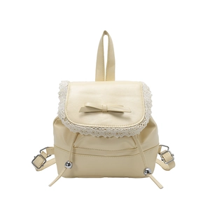 Minimalist beige mini backpack for women featuring lace trim and a decorative bow design