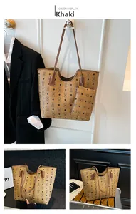 Detail view of khaki tote bag with bear diamond print and matching small pouch