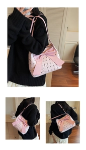 Detail of pink floral tote bag with oversized bow showing side and back views