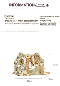 Detailed chart showing sequin bucket bag dimensions 16x13x9cm and main pocket structure