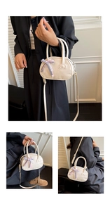 Three-way view of off-white bow bowling bag showing hand-carry and crossbody styles