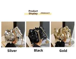 Detailed comparison of sequin bucket bags in silver, black and gold with pearl drawstrings